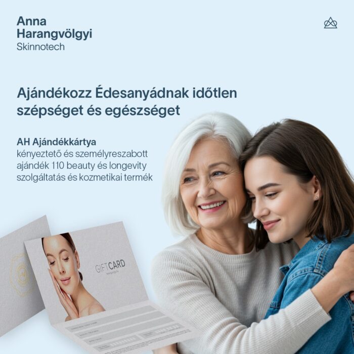 Exkluzív Harangvölgyi ajándékkártya, amely több mint 100-féle szolgáltatásra, arckezelésre, longevity terápiára vagy otthoni bőrápolási termékre váltható be. Elérhető digitális és nyomtatott formátumban is.